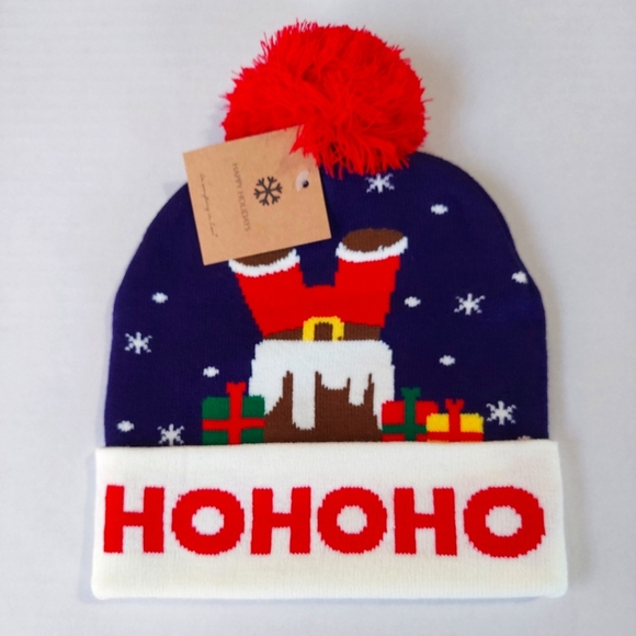 Christmas Beanie Hat Women Men Knit Navy Blue Pom Christmas Hat Beanie Winter - Picture 11 of 12